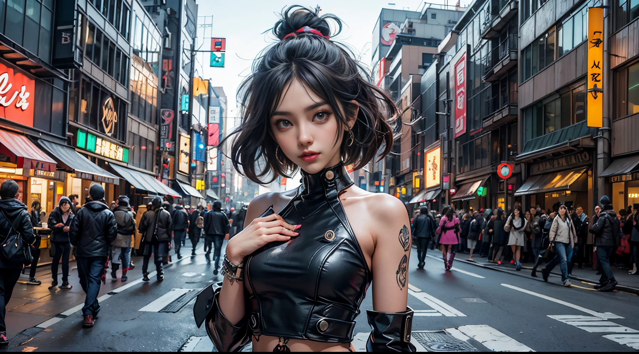 Obra maestra, La mejor calidad, 1 chica cyberpunk con un atuendo cyberpunk inspirado en Harajuku, De pie en la calle, Colores y patrones llamativos, Accesorios llamativos, Peinado moderno e innovador, Deslumbrante paisaje urbano cyberpunk, Rascacielos, neon signs, Luces LED, Esquema de colores brillantes y vivos, anime, 插圖, Textura detallada de la piel, Textura detallada de la tela, Hermosa cara detallada, Detalles intrincados, Ultra detallado, cinematic lighting, Sombras oscuras.
