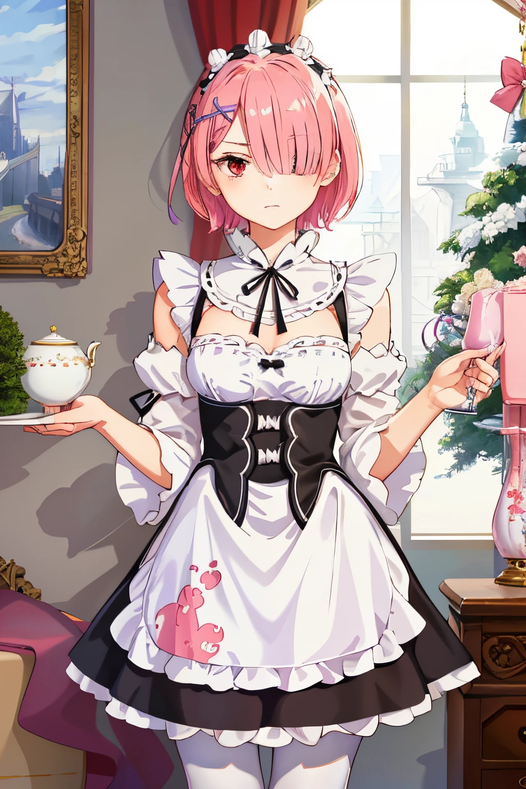 ((best quality)), ((masterpiece)), illustration, (detailed), 1girl, ram_rezero, cute, chibi, piercing gaze, pink hair:1.1, short hair, (hair over one eye:1.3), red eyes:1.2, roswaal mansion maid uniform, apron, (white pantyhose:1.2), looking at viewer, upper body, angry, annoyed, disgusted, glaring, mansion, (high-resolution:1.2),