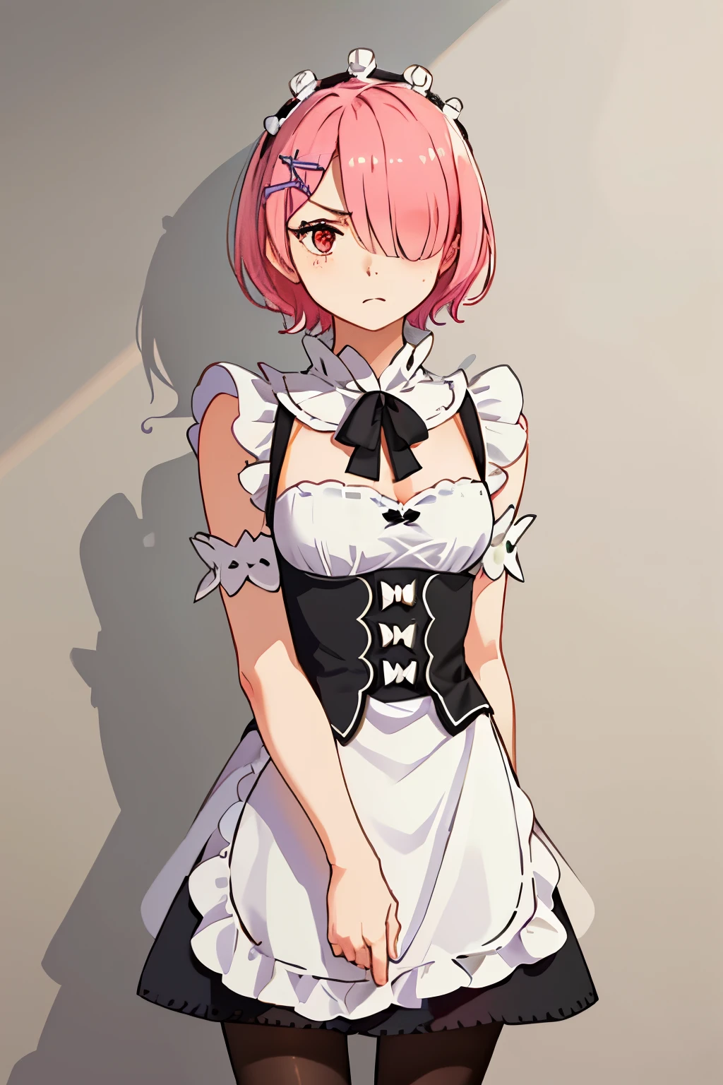 ((best quality)), ((masterpiece)), illustration, (detailed), 1girl, ram_rezero, cute, chibi, piercing gaze, pink hair:1.1, short hair, (hair over one eye:1.3), red eyes:1.2, roswaal mansion maid uniform, apron, (white pantyhose:1.2), looking at viewer, upper body, angry, annoyed, disgusted, glaring, mansion, (high-resolution:1.2),