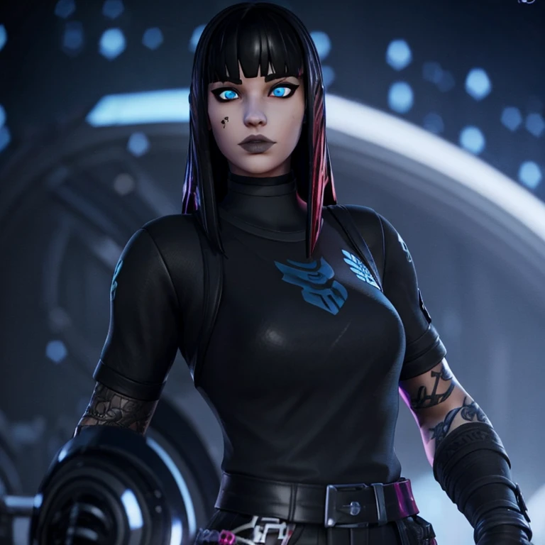 Female custom Fortnite skin with red and black medium size straight goth hair with bangs and snakebite piercings white blue eyes feminine