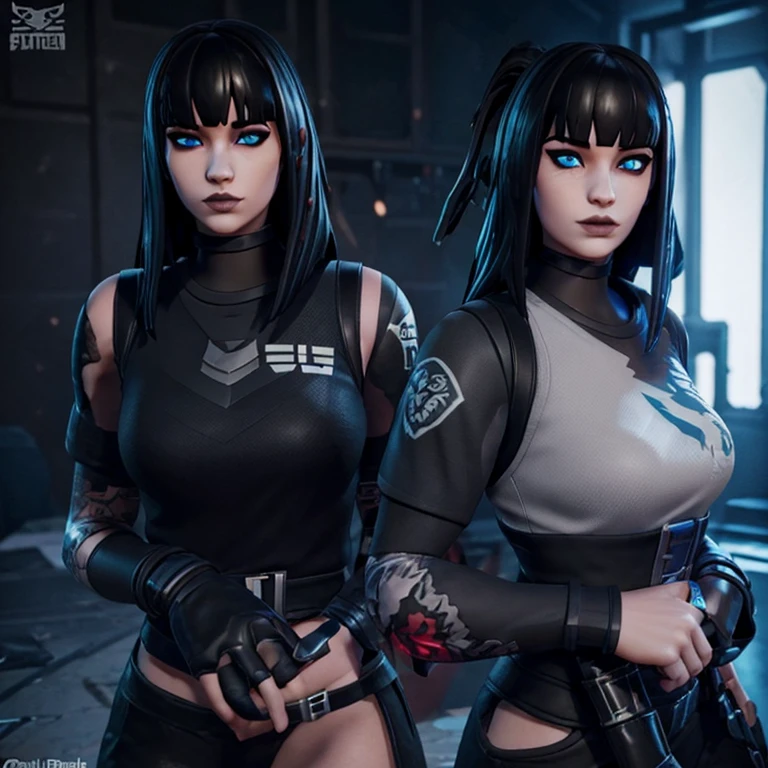 Female custom Fortnite skin with red and black medium size straight goth hair with bangs and snakebite piercings white blue eyes feminine