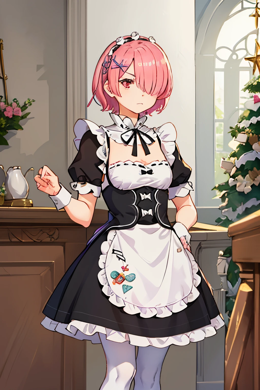 ((best quality)), ((masterpiece)), illustration, (detailed), 1girl, ram_rezero, cute, chibi, piercing gaze, pink hair:1.1, short hair, (hair over one eye:1.3), red eyes:1.2, roswaal mansion maid uniform, apron, (white pantyhose:1.2), looking at viewer, upper body, angry, annoyed, disgusted, glaring, mansion, (high-resolution:1.2),