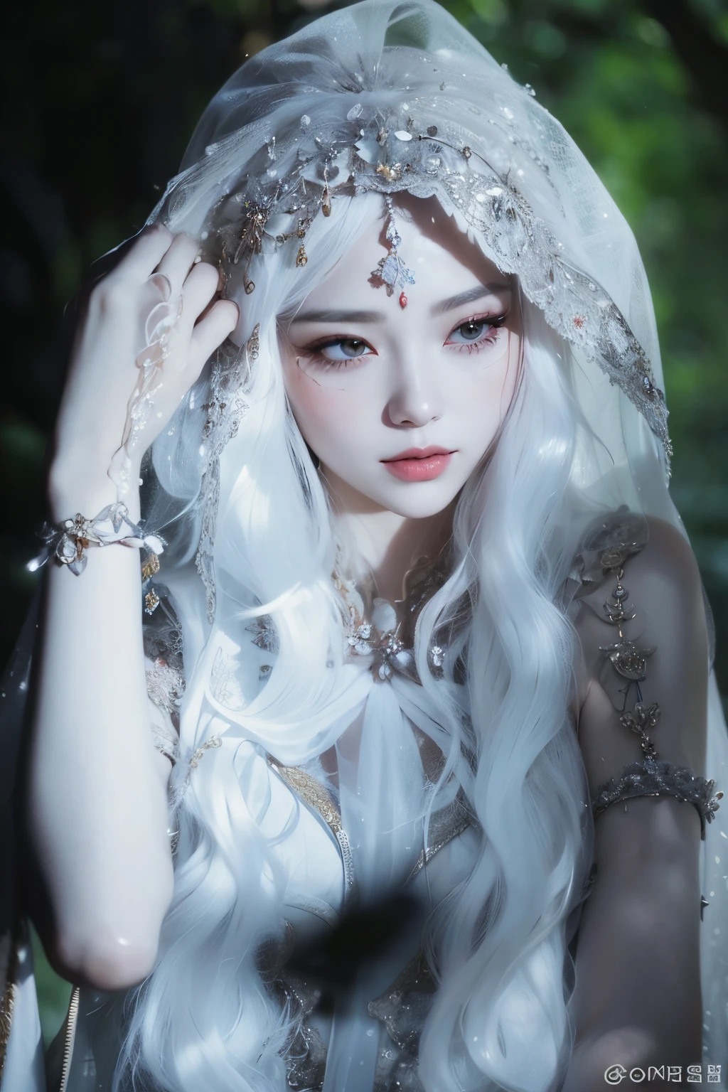 a close-up of a white-haired woman wearing a veil, ((uma bela imperatriz fantasia)), Hanfu branco, cosplay ornamentado, uma bela imperatriz fantasia, ethereal beauty, Rainha elfa bonita e elegante, beautiful elven princess, pale snow white skin, ethereal fairy tale, Ethereal Fantasy, com cabelos longos brancos, com longos cabelos brancos, palace , Uma em Hanfu, olhos azuis