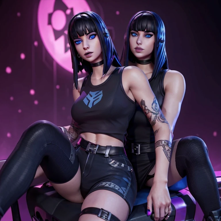 Female custom one girl Fortnite skin with red and black medium size straight goth hair with bangs and snakebite piercings lip piercing sexy blue eyes feminine tank top