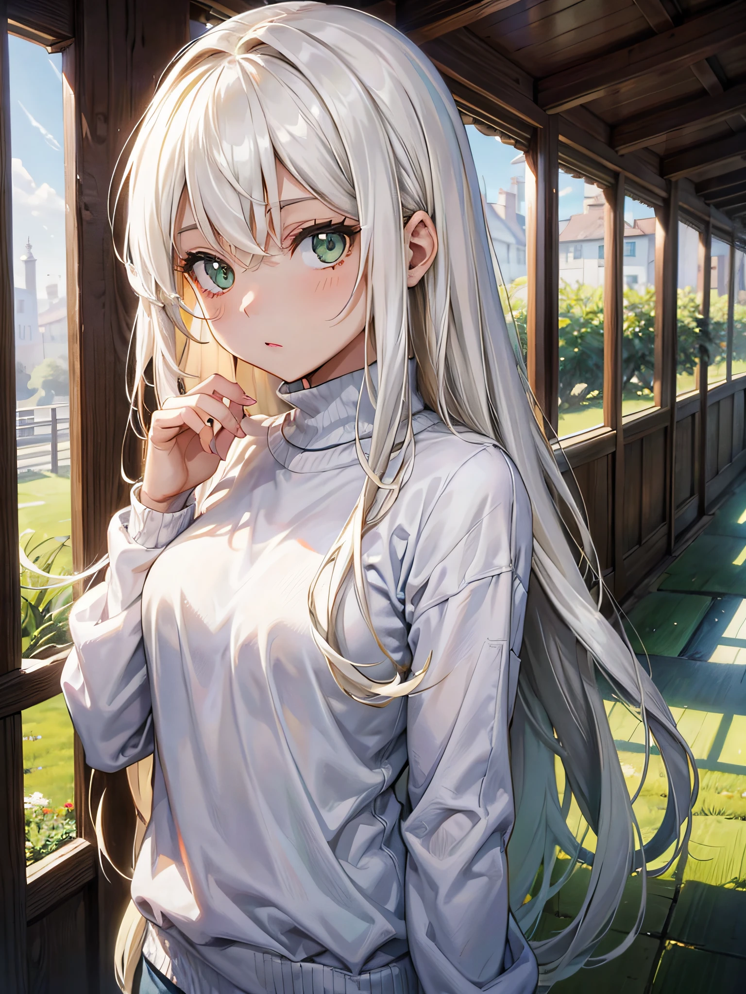 long white straight hair, girl, white sweater, green eyes, elegant house, looking at you