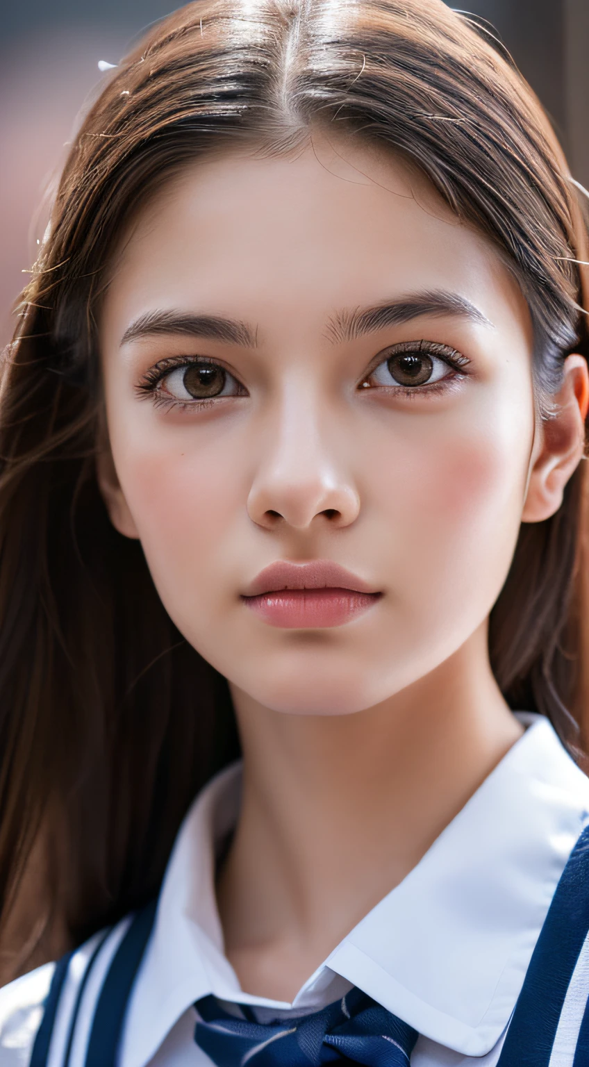 (hyperrealistic), (8K), (extremely detailed), (best illustration), (beautiful detailed eyes), (best quality), (ultra-detailed), (masterpiece), (wallpaper), (detailed face), solo, 1 girl, one-hour drawing challenge, wet sweat, (school uniform:1.3), looking at the audience, exquisite details, detailed faces, ,pureerosfaceace_ v1,