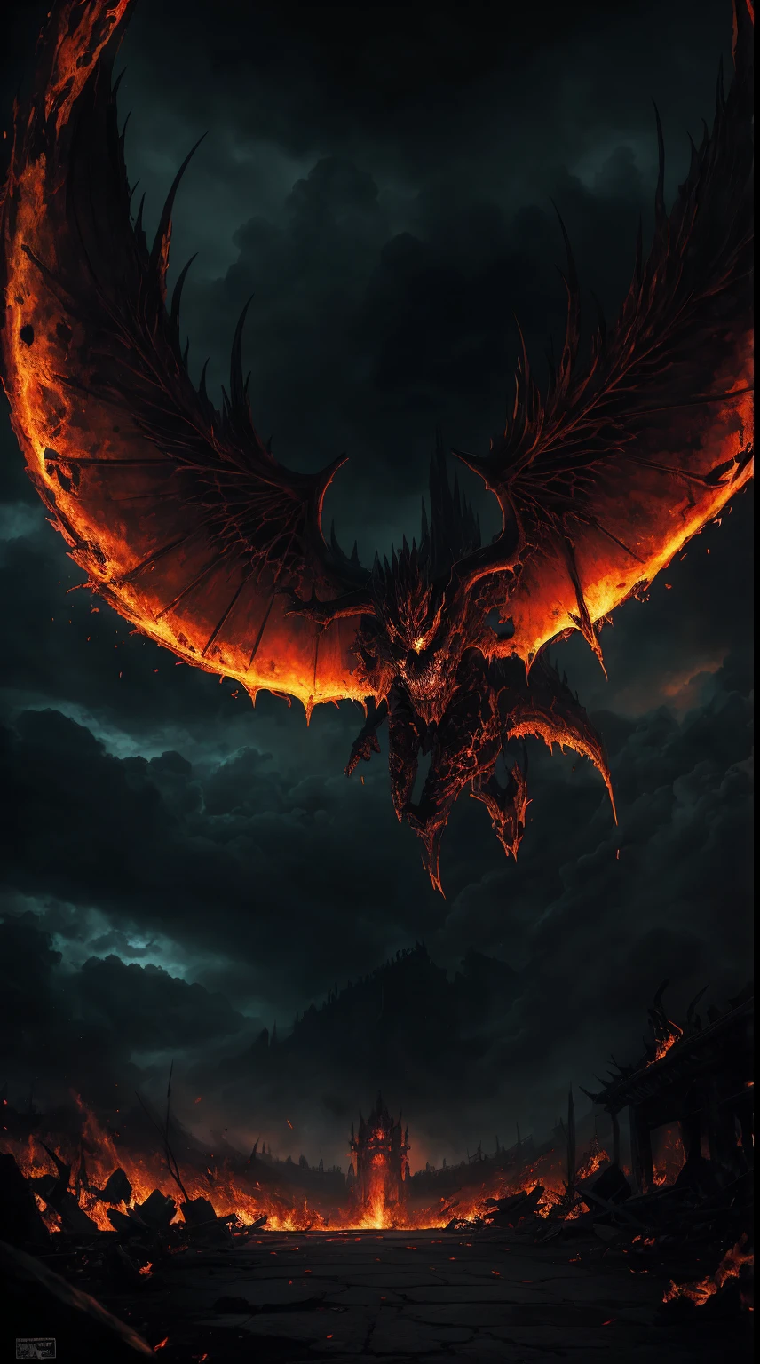 demonio rojo maldito rompiendo los 7 sellos,detailed demonic characteristics,ominous atmosphere,Sombras oscuras y reflejos,[siniestro],Fondo infernal,[apocalyptic],ojos llameantes y aliento de fuego,garras y colmillos manchados de sangre,[intenso],fuego del infierno y azufre,[Poder destructivo],Epic battle scene,High resolution artwork with extremely detailed description.,una pesadilla hecha realidad,Presencia poderosa e imponente,chaos and destruction unleashed,illuminated only by flickering flames,Paisaje devastado,macabro y aterrador,with a touch of gothic art,colores vibrantes con un oscuro, trasfondo siniestro[Arte conceptual de obra maestra],inquietante e inquietante,Ominous lighting and shadows