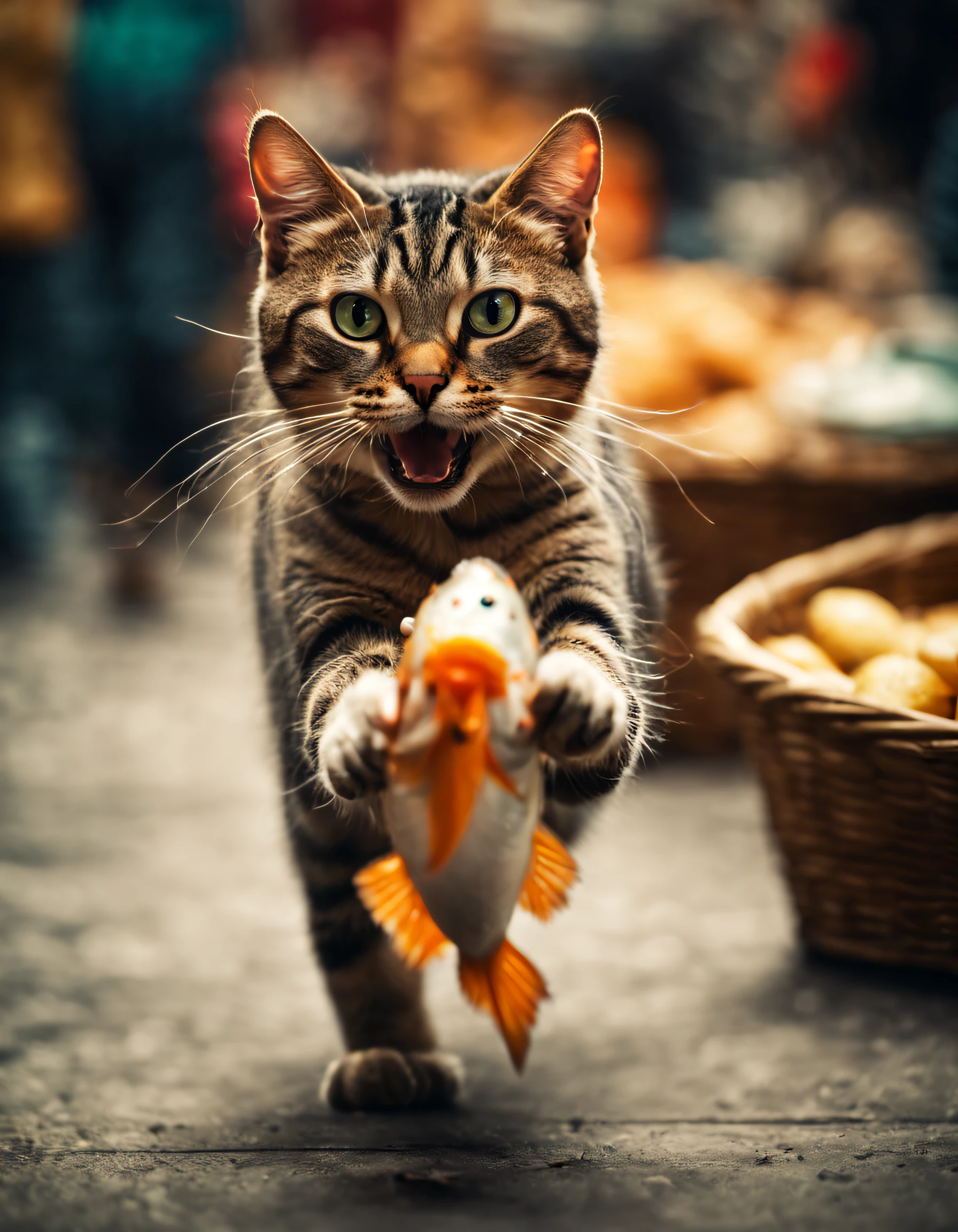 Cinematic still of cat holding fish with paws, running away in a market. . Shallow depth of field, vignette, highly detailed, high budget, bokeh, Cinemascope, moody, epic, gorgeous, film grain, grainy
