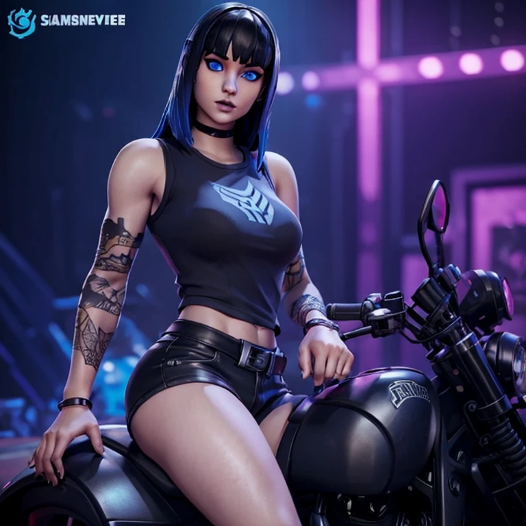 Female custom one girl Fortnite skin with red medium size straight goth hair with bangs and snakebite piercings lip piercing sexy blue eyes feminine tank top