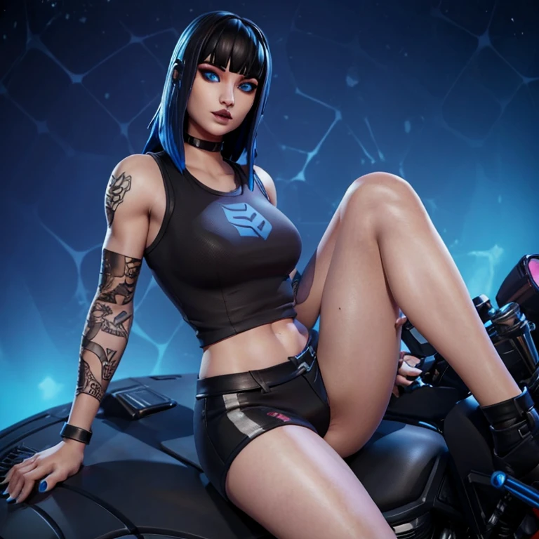 Female custom one girl Fortnite skin with red medium size straight goth hair with bangs and snakebite piercings lip piercing sexy blue eyes feminine tank top