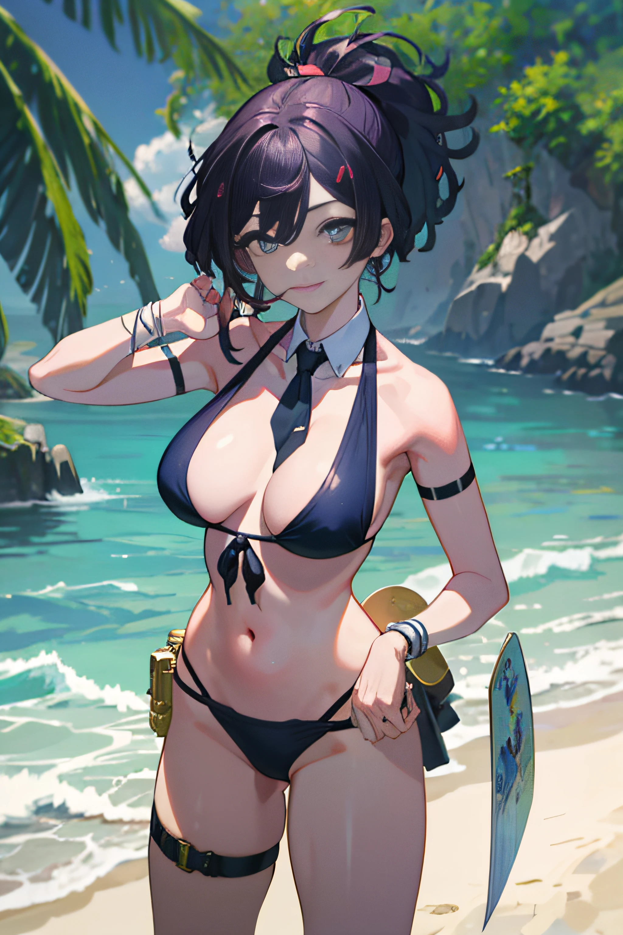 ((masterpiece)), (best quality), (detailed), (1 girl),  (condom belt:1), standing, micro bikini, condom in mouth, front-tie bikini top, (closed mouth:1.2), thigh strap,smile,big breast,beach