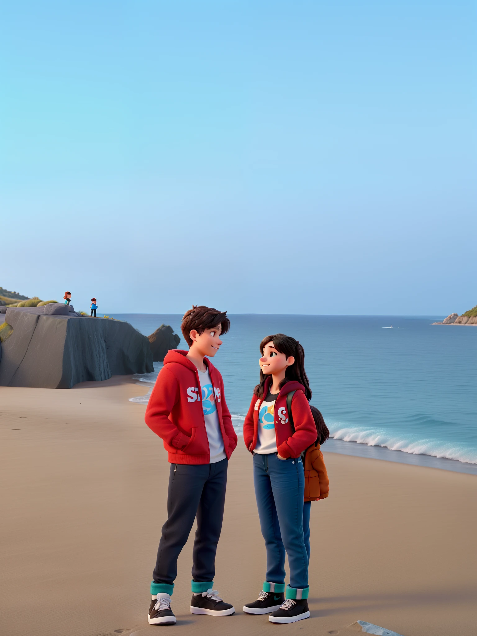 A couple young lady and young man standing on the sand next to the sea holding hands and laughing hard together, the woman has dark blond hair and the man black hair, both wear couple winter shirt red color and on the shirt it’s a teddy bear wearing blue clothes and on the top of the teddy it’s written “hoodie” with big letters and white color, both wear dark color jeans, the young man wearing white Nike shoes and the lady black boots, the sea it’s light blue-green winter color and there are dark colored rocks on the left side behind the couple