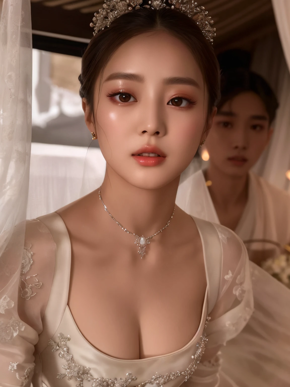 there is a woman in a white dress with a tiable on, dilraba dilmurat, gorgeous chinese model, yanjun chengt, xintong chen, wenfei ye, ruan jia beautiful!, cai xukun, lovely delicate face, chengyou liu, ethereal beauty, jingna zhang, xision wu, palace ， a girl in hanfu