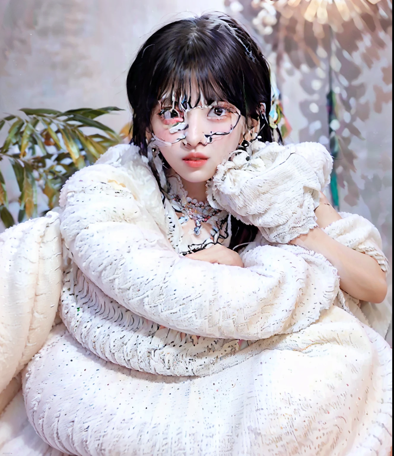 A girl with Jungkook's face from BTS, wearing a pastel pink outfit,having beautiful detailed eyes, beautiful detailed lips, extremely detailed face, long eyelashes,realistic, high-resolution artwork, fine painting, vivid colors,studio lighting,portrait,soft pastel colors, delicate highlights and soft shadows