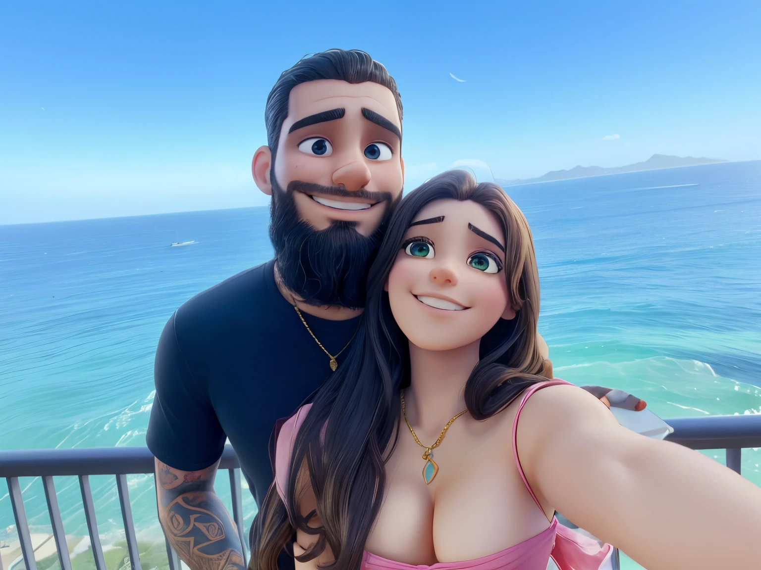 A man and women taking a selfie smiling on a balcony, behind them is an ocean. The man has pale skin, black hair, hazel eyes and a thick beard. He looks Arabian, middle eastern features. His arm has tattoos. The women is in a hot pink spaghetti strap dress with cleavage showing. She has brown hair and light skin with green eyes and a pretty smile.