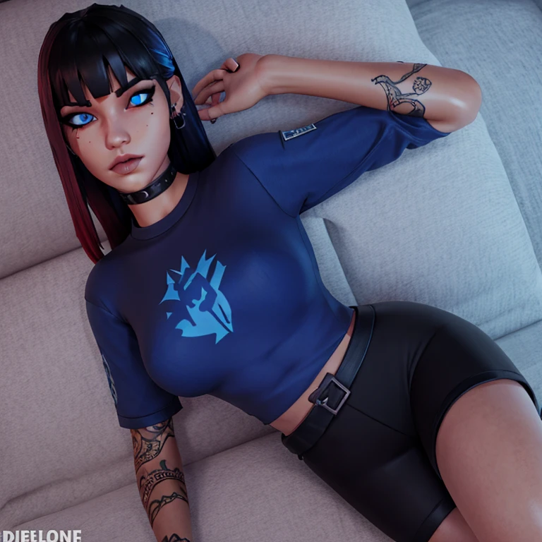 Female custom one girl Fortnite skin with red medium size straight goth hair with bangs and snakebite piercings lip piercing sexy blue eyes feminine no muscle