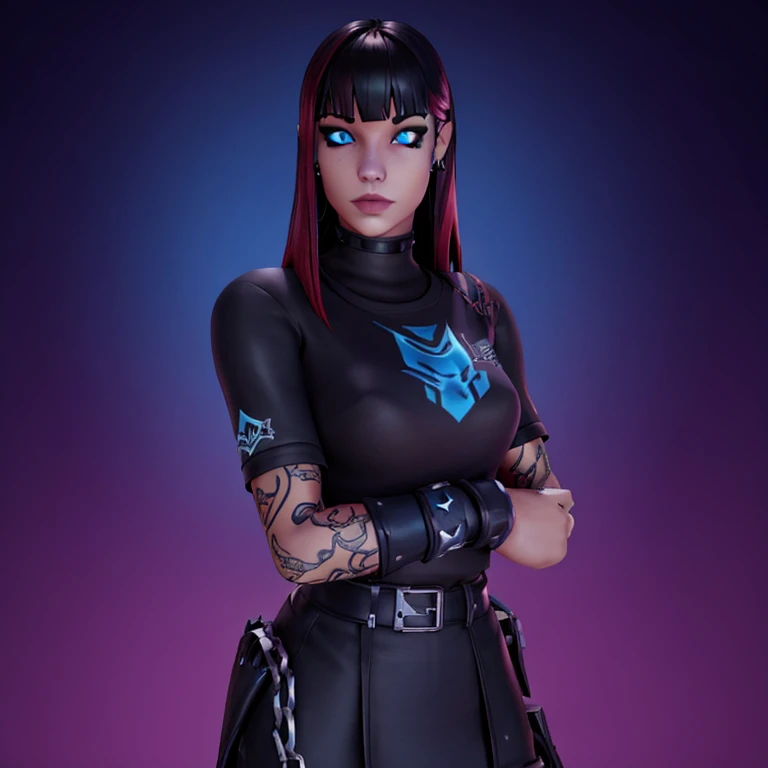 Female custom one girl Fortnite skin with red medium size straight goth hair with bangs and snakebite piercings lip piercing sexy blue eyes feminine no muscle