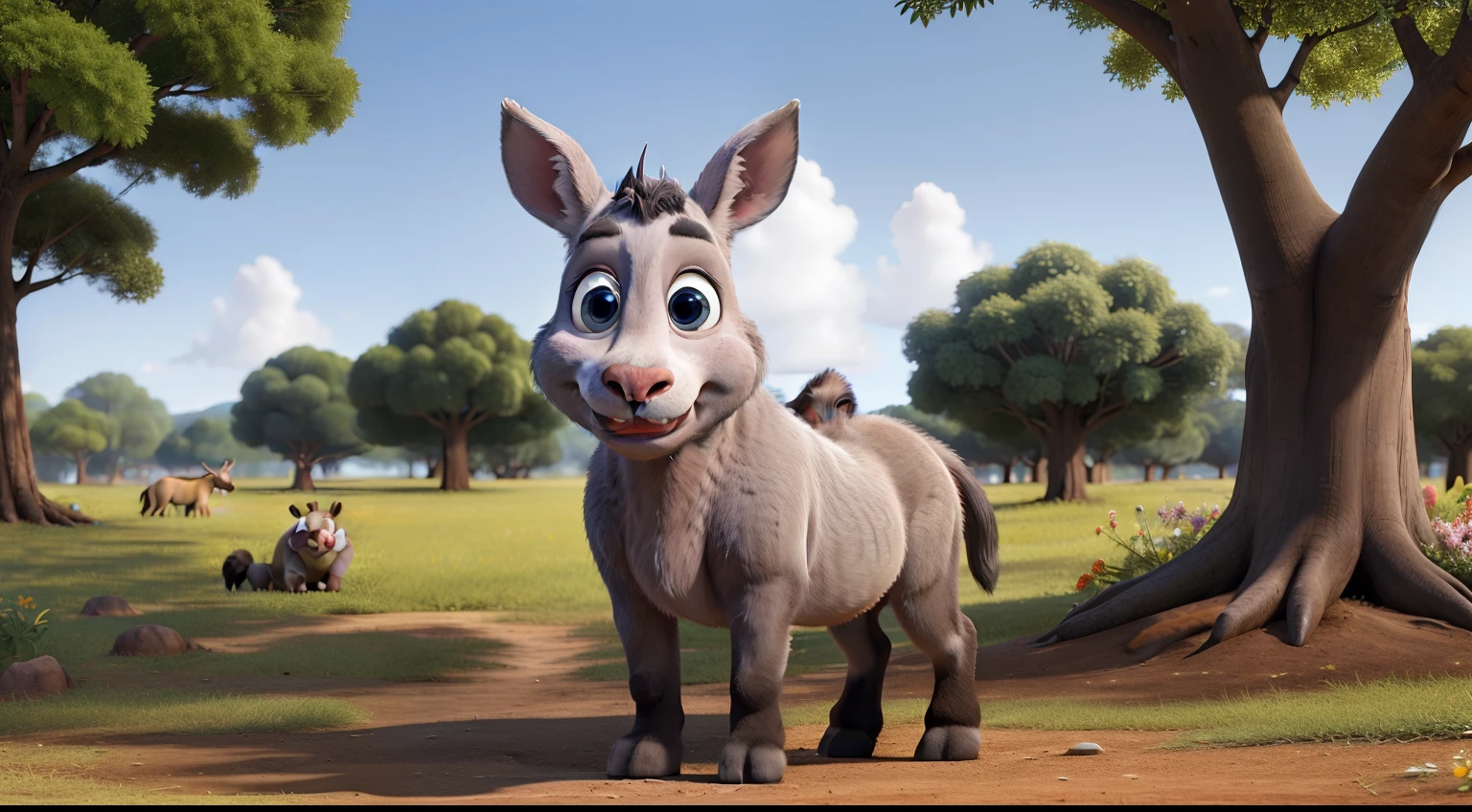 An adult donkey, confident appearance, long ears, one ear lowered, blue eyes, four legs, dark gray fur, cute, round face, charming, from Madagascar, large white teeth, trees in the background, flowers on the ground.