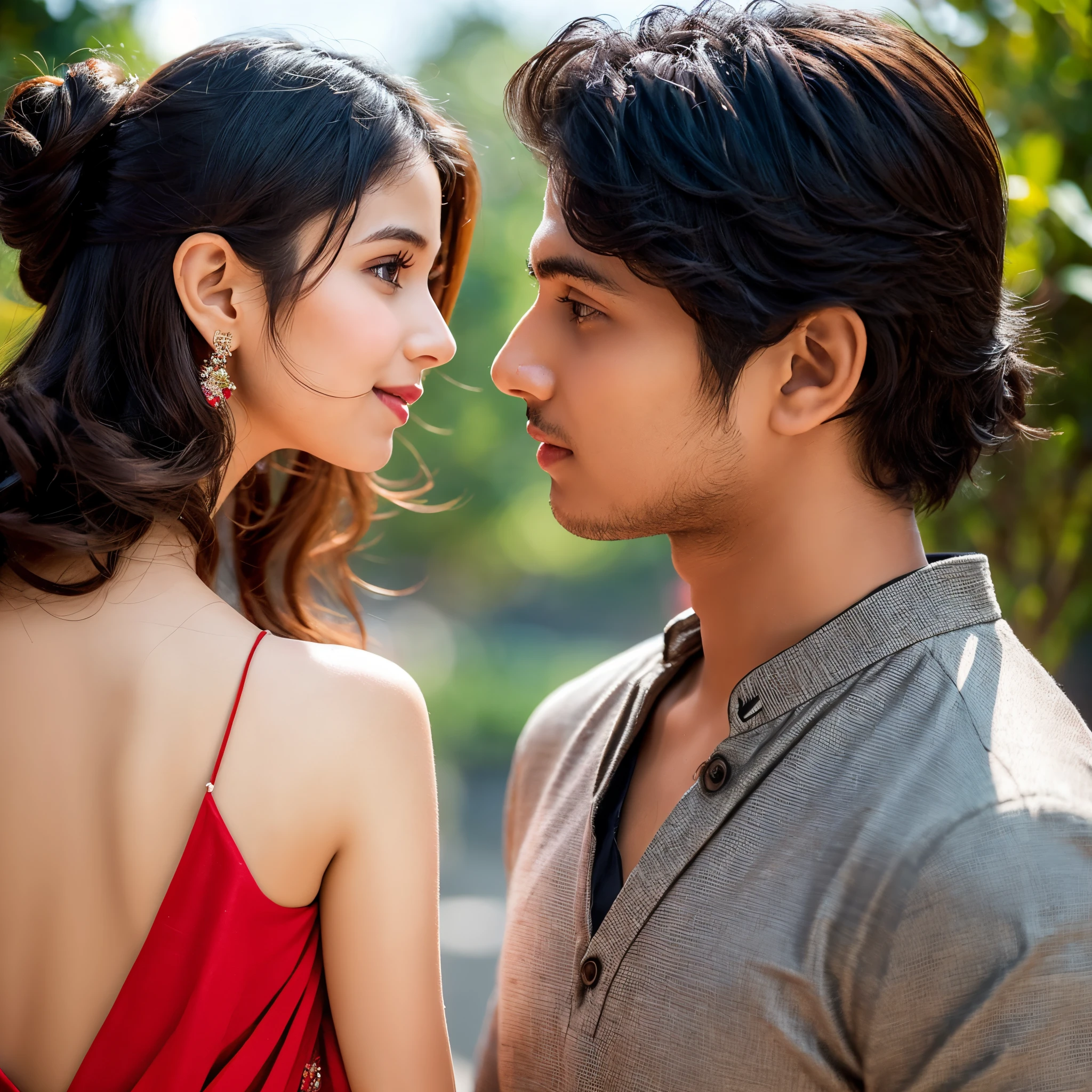 Beautiful digital art of a couple looking at each side faced... Girl in right and the boy in the left side... Girl wearing a bright beautiful red saree and the boy wearing a beautiful blue kurta.. Boy has curly dense hair while the girl has beautiful hair tied as a bun with a white flower in it... Full standing image with bright yet blur background... High  quality 8k..proper anatomy and romantic back drop and prominent face cut... The boy has a little dark complextion while the  girl is fair... They are bengali young couples
