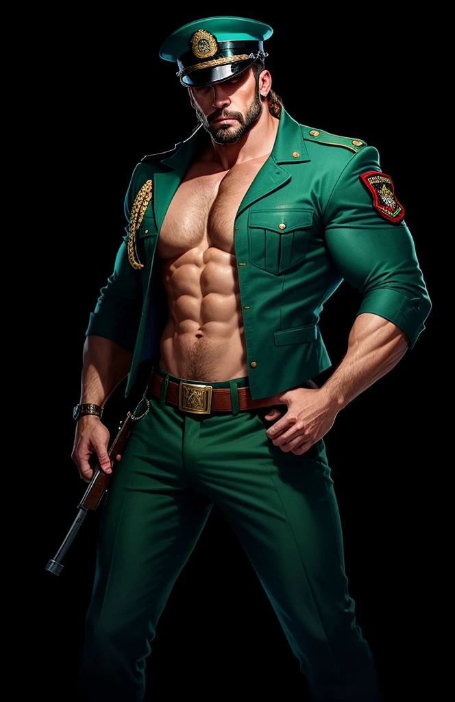 Um macho musculoso dragonborn usando jaqueta policia militar brasileira causas pretas e escamas pretas olhar felis com asas pequenas e pretas.