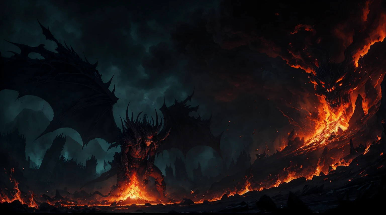 demonio rojo maldito rompiendo los 7 sellos,detailed demonic characteristics,ominous atmosphere,Sombras oscuras y reflejos,[siniestro],Fondo infernal,[apocalyptic],ojos llameantes y aliento de fuego,garras y colmillos manchados de sangre,[intenso],fuego del infierno y azufre,[Poder destructivo],Epic battle scene,High resolution artwork with extremely detailed description.,una pesadilla hecha realidad,Presencia poderosa e imponente,chaos and destruction unleashed,illuminated only by flickering flames,Paisaje devastado,macabro y aterrador,with a touch of gothic art,colores vibrantes con un oscuro, trasfondo siniestro[Arte conceptual de obra maestra],inquietante e inquietante,Ominous lighting and shadows