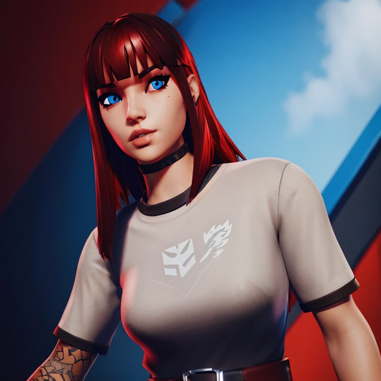 girl Fortnite skin with bright red red straight bangs hair lip piercing blue eyes