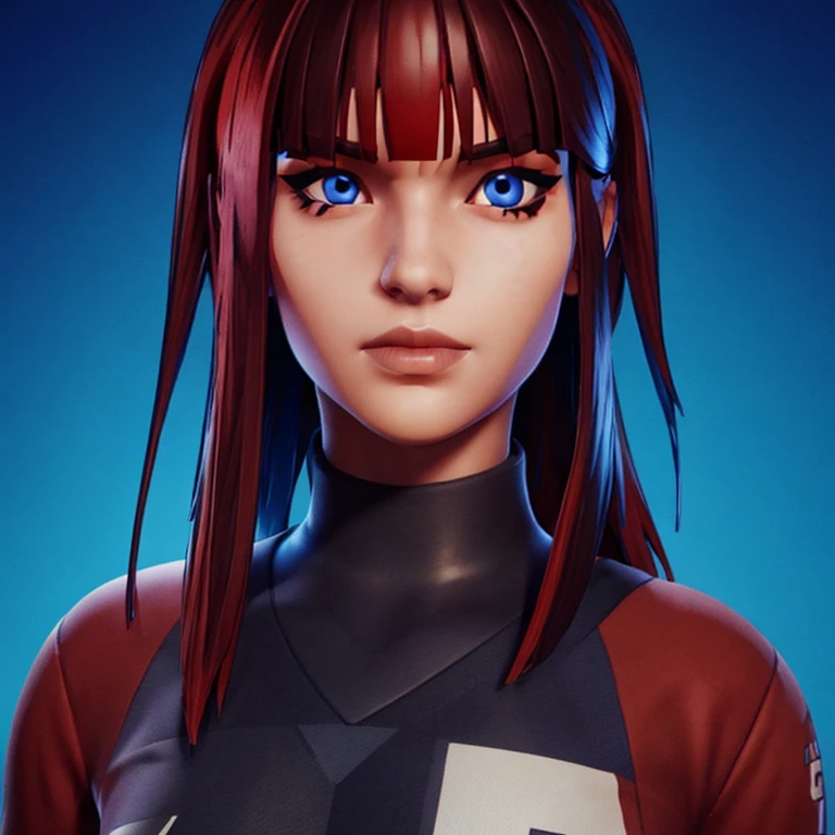 girl Fortnite skin with bright red red straight bangs hair lip piercing blue eyes