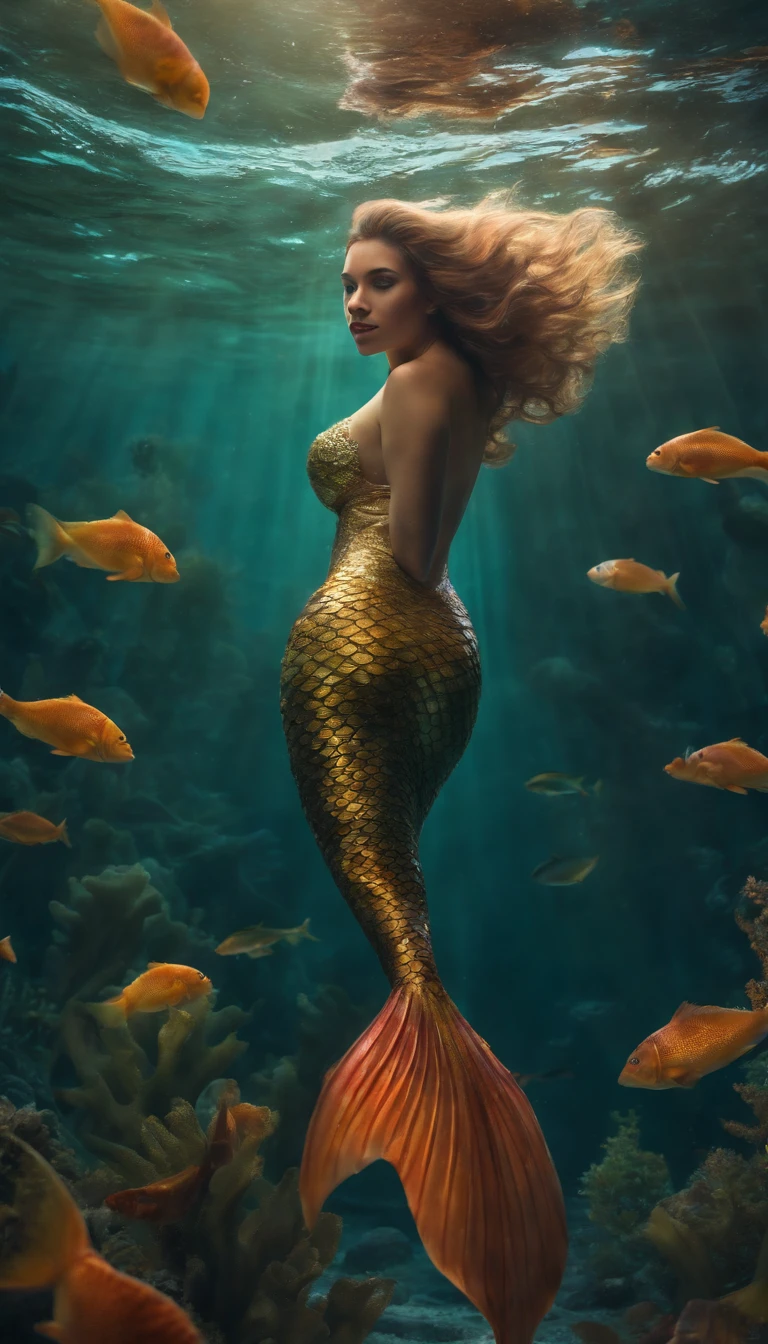 (professional photo:1.3) Fujifilm X-T3, 35mm lens ((Mermaid swims all over)) (Realistic:1.3) most beautiful artwork photo in the world,(((Blond hair))), (( Brown eyes)), brunette, Caucasians, ((long mermaid tail)), (((Detailed mermaid fins))), full body, sport, Features: Soft and shiny, ((Epic mermaid fantasy long hair in dynamic pose,Full tail, Fantastic location, Majestic cluttered environment)), full body 8k unity render, action shot, skin pore, heavyshading, Detailed, Detailed face, (vibrant, photograph realistic, Realistic, Dramatic, Dark, Sharp focus, 8K), (fish scales:1.4), ((((Mermaid tail)))), (Intricate:1.4), decadent, (Highly detailed:1.4), Digital painting, rendering by octane, art stations, concept-art, smooth, Sharp focus, illustration, Art germ, (loish:0.23), (Global illumination, Studio light, volumettic light), Underwater, Ocean, lotr, fantasy, mermaid, ((Sea background:1.3)),CGSesociety,art stations, surrounded by plenty of colorful coral fish,