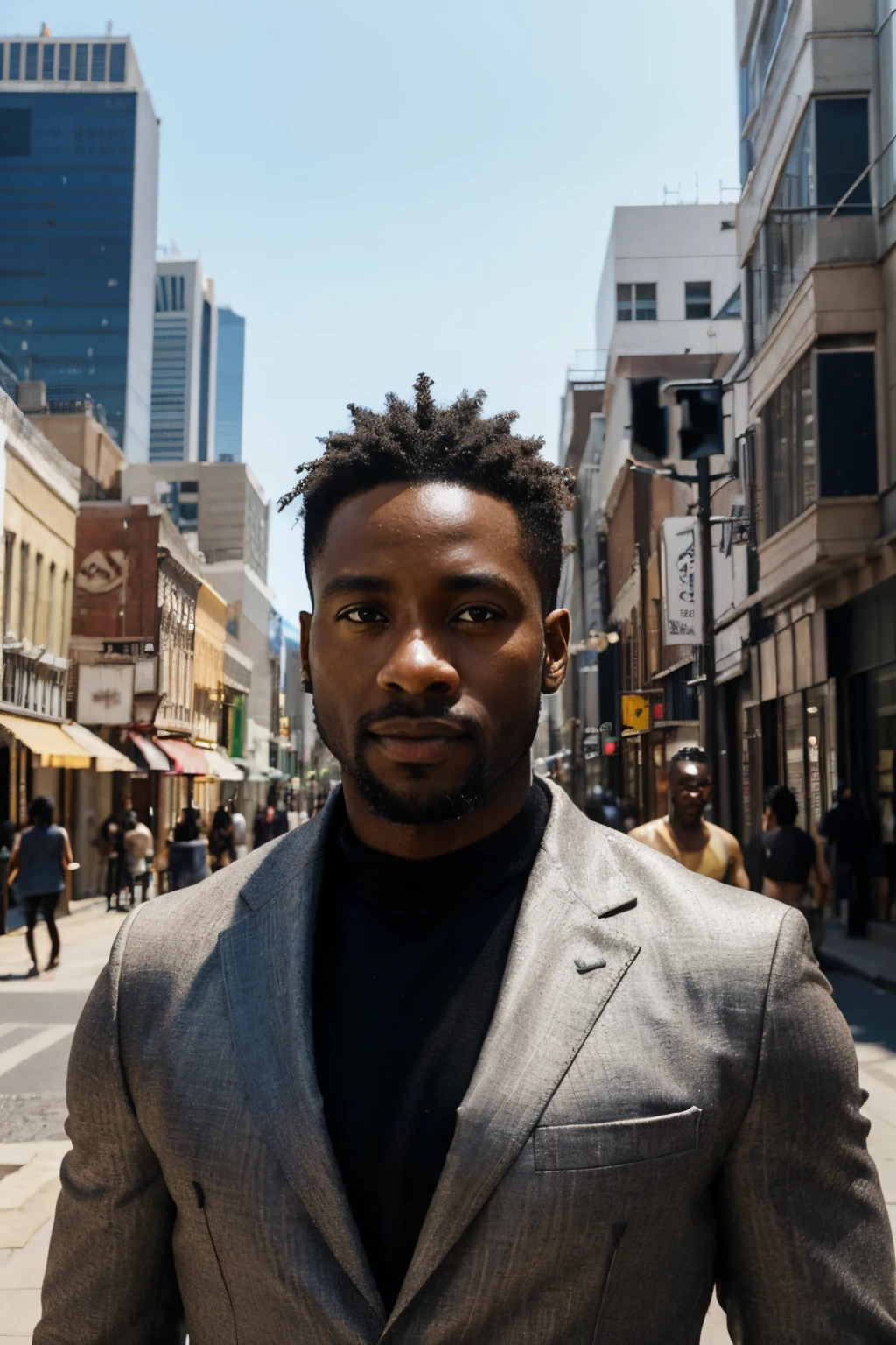 A black (African) man, 35 years old, (best quality, highres, realistic:1.37), ultra-detailed, expressive eyes, defined facial features, proud and confident expression, stylish haircut, well-groomed beard, fashionable clothing, standing in a vibrant city street, surrounded by modern skyscrapers and bustling activities, warm and vibrant color scheme, natural sunlight illuminating his face, creating beautiful shadows and highlights, capturing the essence and diversity of urban life and culture, combining realism with artistic flair.