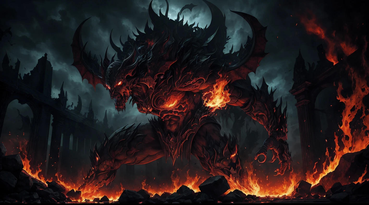 (Award Winning Digital Digital Artwork:1.3), (Masterpiece, Ultra-Detailed:1.3), portrait,solo focus, (Fire demon),(building-sized monster),Ifrit, smoke, fire, burning buildings, death, destruction, intricate