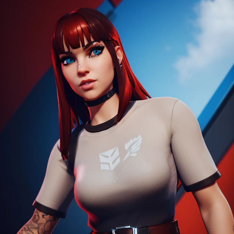 there is a woman with red hair and a black lace tank top, lip piercing, highly detailed character, rendered in sfm, close up character, valkyrie style character, unreal engine character art, high detail iconic character, 8 k character details, character close up, fortnite character, 🤤 girl portrait, rendered in unrealengine, new character, female character, 3 d render character art 8 k