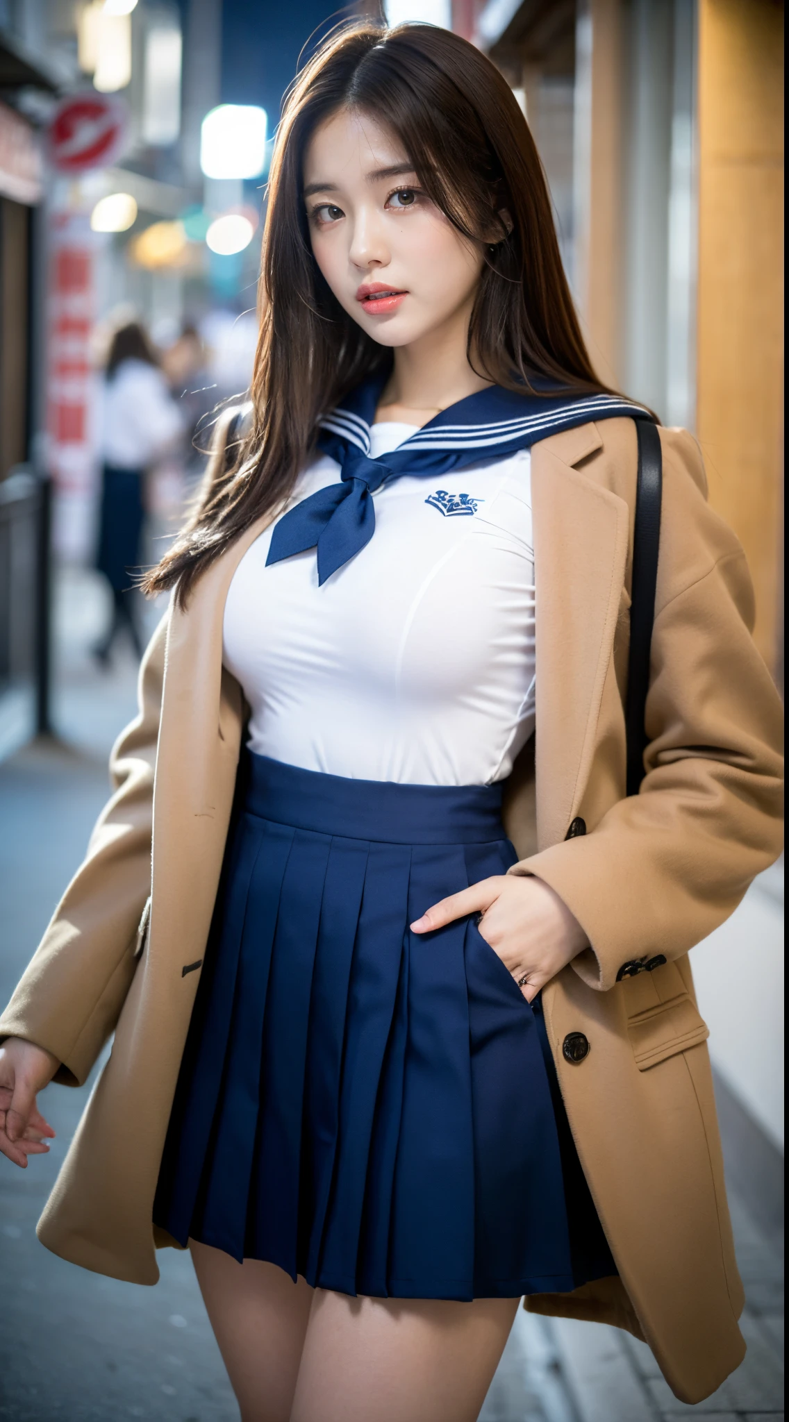 ((Night Scene, Realistic Light, Best Quality, 8k, Masterpiece: 1.3)), 1girl, Pretty Woman with Slender Body: 1.4, (Brown Hair,gigantic Breasts:1.4), Bed, Super Detailed Face, Detailed Eyes, Double Eyelids , asian woman posing for photo in pink skirt and white shirt, japanese girl school uniform, korean girl, japanese school uniform, loose coat collar sailor uniform, sakimichan, amazing student uniform, white fashionable clothes, ulzzang, wearing japanese school uniform , sleek white bodysuit set, cute kawaii girl, Korean women&#39;s fashion model