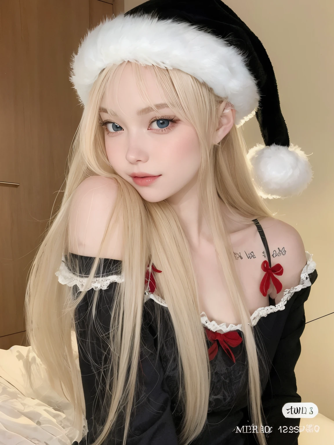 blonde girl in Santa hat posing for a photo, com cabelos longos brancos, longos cabelos brancos e franja, com longos cabelos brancos, com longos cabelos loiros, branco hime corte penteado, Ulzzang, Lalisa Manobal, perfeita de cabelos brancos, extremely pale blond hair, longos cabelos loiros e olhos grandes, Menina na vida real, olhos azuis