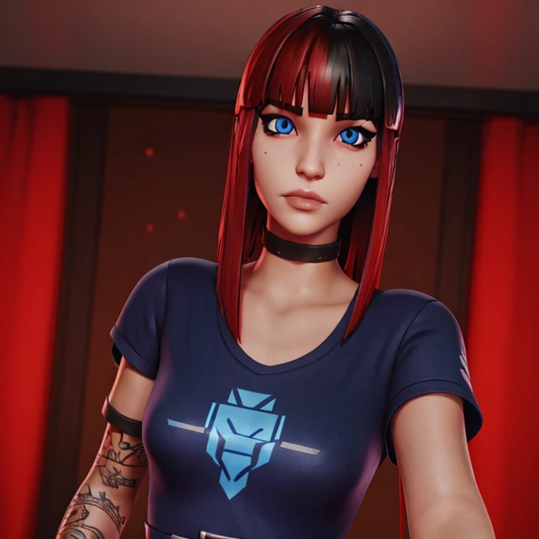 girl Fortnite skin with bright red red straight bangs hair lip piercing blue eyes emo scene