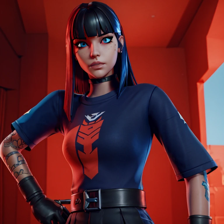 girl Fortnite skin with bright red red straight bangs hair lip piercing blue eyes emo scene