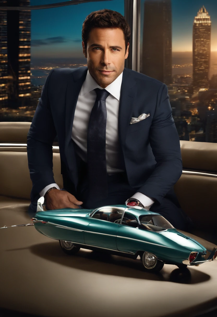 Ari stands on the edge of a private helicopter, with the city skyline in the background.,Entourage,Ari Gold, the fictional talent agent from “Entourage,” is known for his sharp, polished appearance, often seen in designer suits that complement his fast-paced, high-powered lifestyle in Hollywood. He has a confident, assertive demeanor, characterized by his brisk walk and intense, focused expressions.