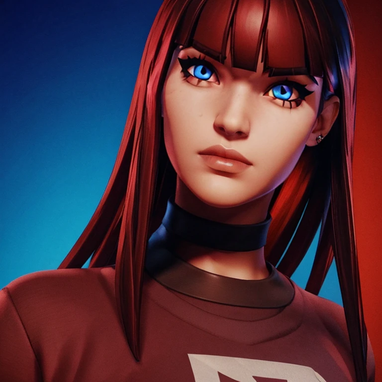 girl Fortnite skin with bright red red straight bangs hair lip piercing blue eyes emo scene lip piercing lip piercing