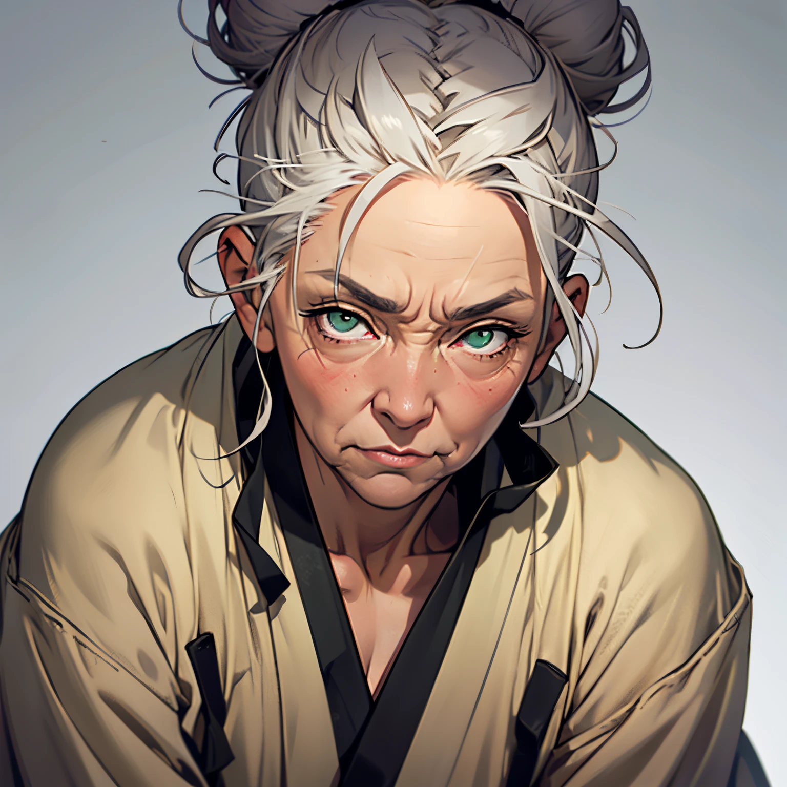 anime image of an wrinkly old woman with gray hair and green eyes, hair made into a bun, many wrinkles, grandma, grandmother, old, ancient, head shot, close up shot, simple background, ninja clothing, japanese clothing, dark clothing