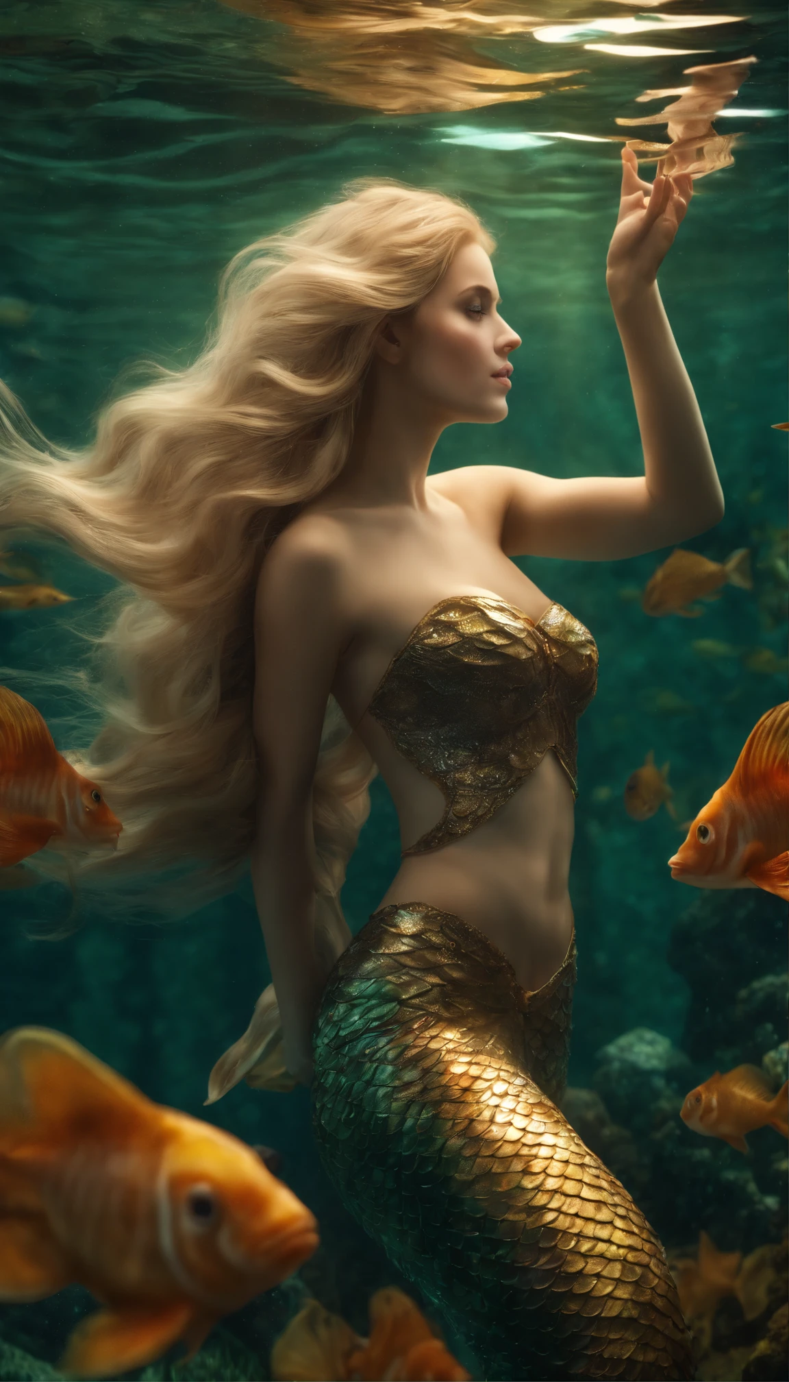 (professional photo:1.3) Fujifilm X-T3, 35mm lens ((Mermaid swims all over)) (Realistic:1.3) most beautiful artwork photo in the world，(((Blond hair))), (( Brown eyes)), brunette, Caucasians, ((long mermaid tail)), (((Detailed mermaid fins))), full body, sport, Features: Soft and shiny, ((Epic mermaid fantasy long hair in dynamic pose,Full tail, Fantastic location, Majestic cluttered environment)), full body 8k unity render, action shot, skin pore, heavyshading, Detailed, Detailed face, (vibrant, photograph realistic, Realistic, Dramatic, Dark, Sharp focus, 8K), (fish scales:1.4), ((((Mermaid tail)))), (Intricate:1.4), decadent, (Highly detailed:1.4), Digital painting, rendering by octane, art stations, concept-art, smooth, Sharp focus, illustration, Art germ, (loish:0.23), (Global illumination, Studio light, volumettic light), Underwater, Ocean, lotr, fantasy, mermaid, ((Sea background:1.3)),CGSesociety,art stations, surrounded by plenty of colorful coral fish,