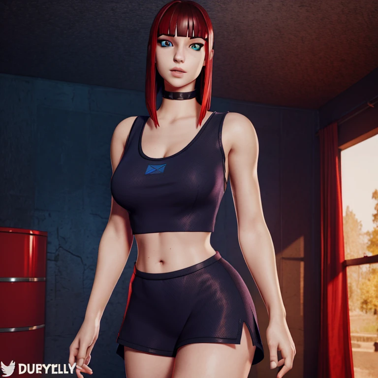 girl Fortnite skin with bright red red straight bangs hair lip piercing blue eyes emo scene sexy outfit boobs look good 🤤 lace tank top belly out