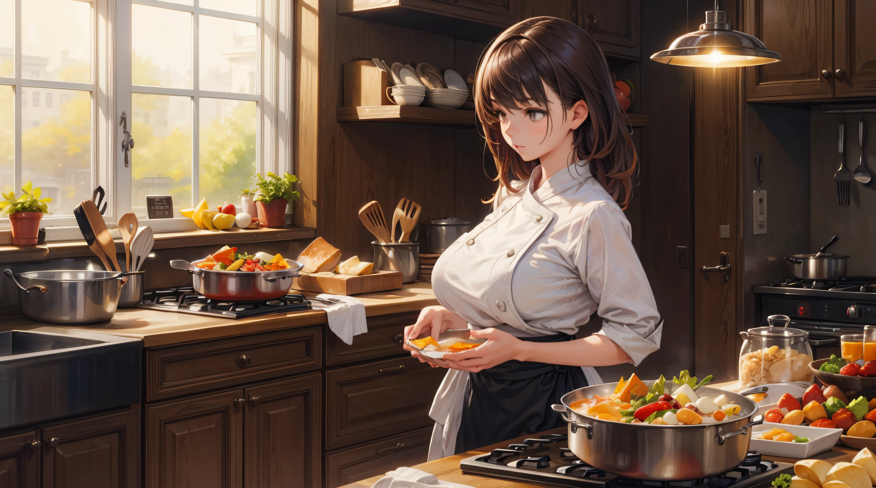 (masterpiece, best quality, ultra-detailed, 8k wallpaper, photorealistic), 1 girl, curvaceous but slender body, a busy chef, cooking in the kitchen, restaurant kitchen, busy kitchen, natural lighting