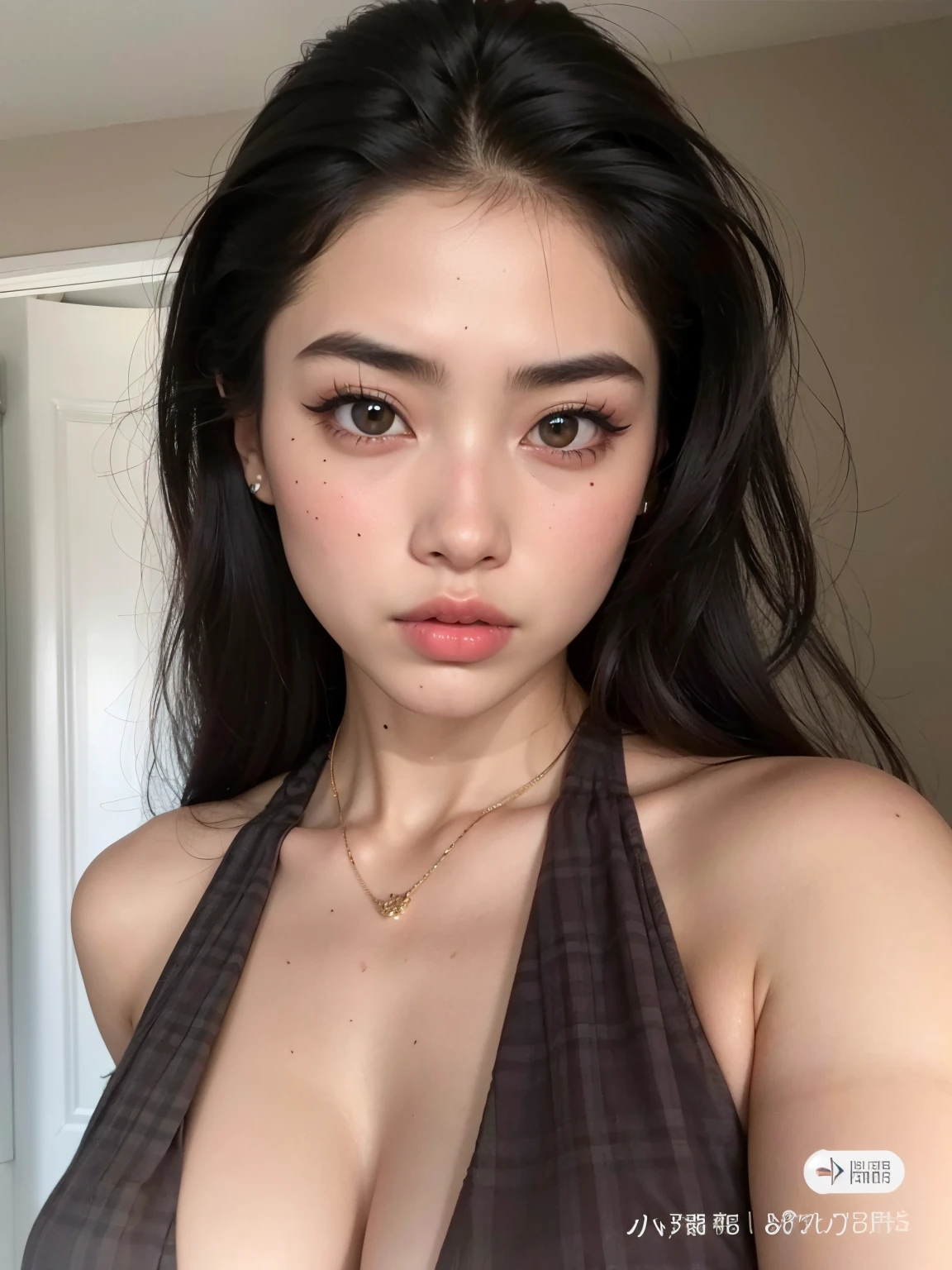 um close up de uma mulher usando um top e um colar, Beautiful Asian girl, rosto sexy com maquiagem completa, asian features, Asian girl, Beautiful Asian woman, 18 anos, an Asian woman, asian beautiful face, Asian face, clear lips and high quality, Asian women, Modelo do Instagram, rosto extremamente bonito, Cara Sexy, beautiful aesthetic face