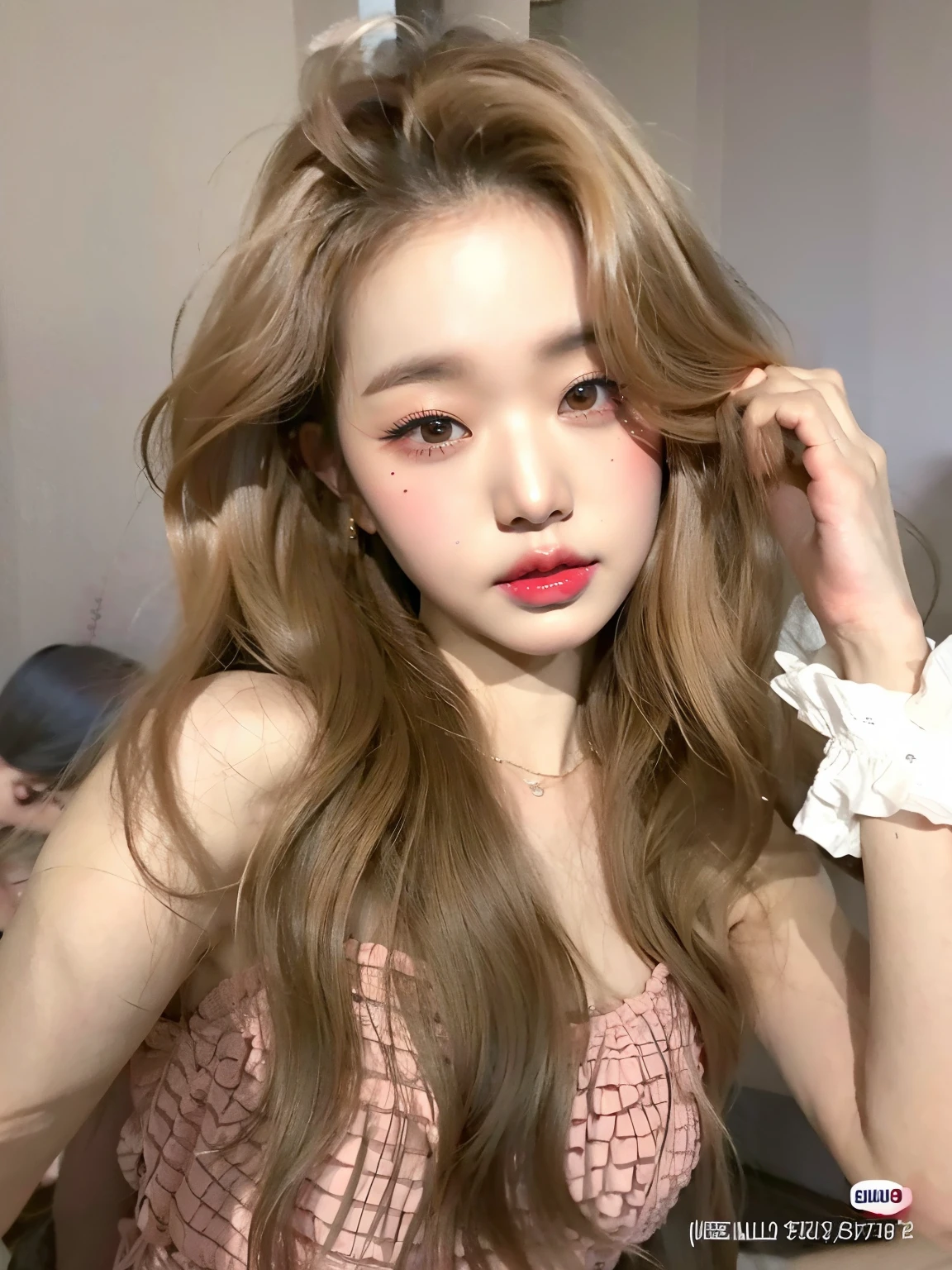 Mujer arafed con el pelo largo y un vestido rosa posando para una foto, ulzzang, Blackpink Jennie, Parque Roseanne de Blackpink, maquillaje popular de Corea del Sur, Cabello suave, maquillaje coreano popular, Cabello beige, pale skin curly blond hair, Cabello largo y rubio y ojos grandes, Retrato de Jossi de Blackpink, Rasgos de la cara coreana, pale fair skin!!