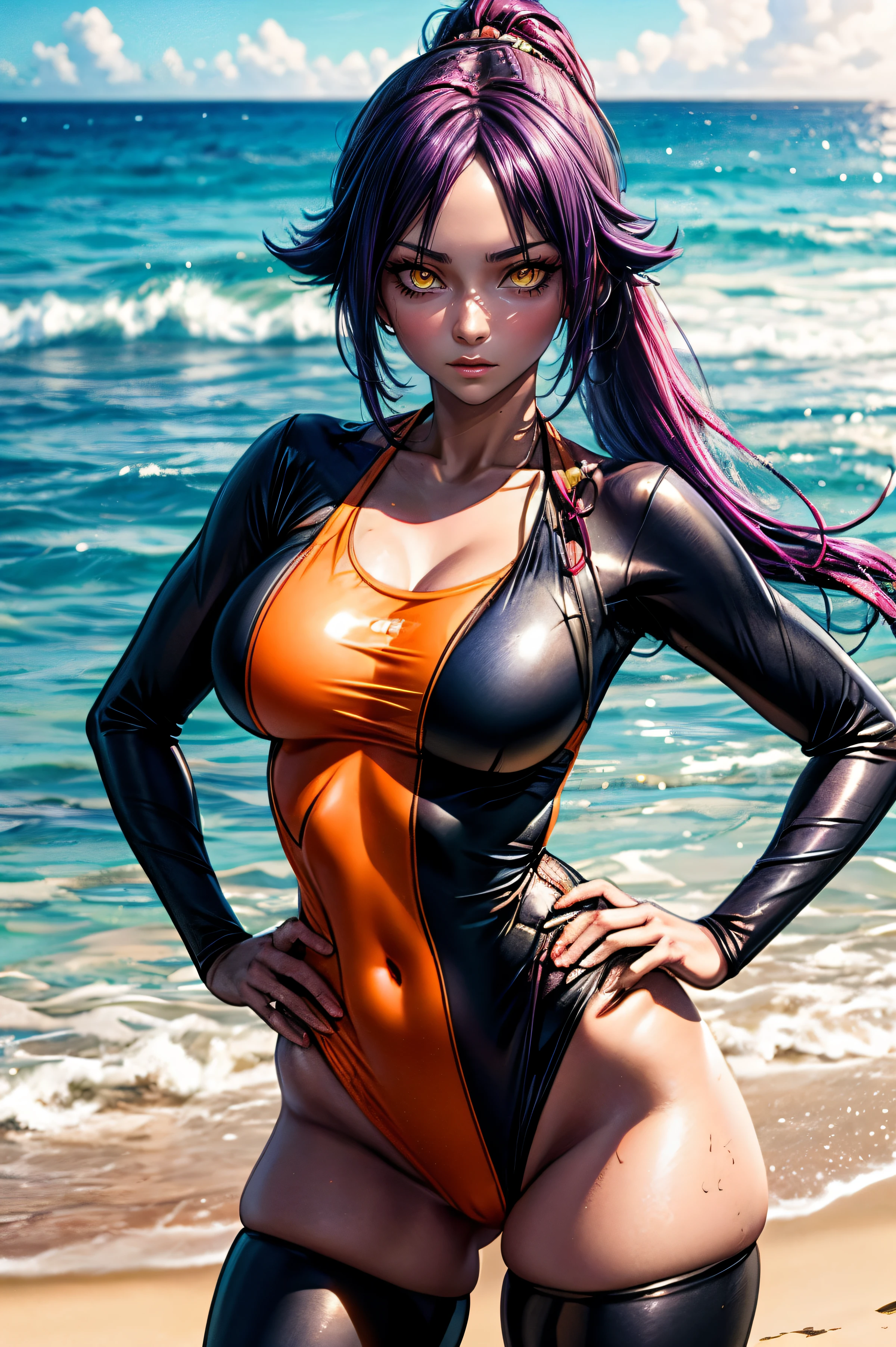 shihouin yoruichi, wearing tight orange one piece bikini, beautiful yellow eyes, beautiful purple hair, hyper detailed, hyper realistic, beach background, pony tail, hands on hips