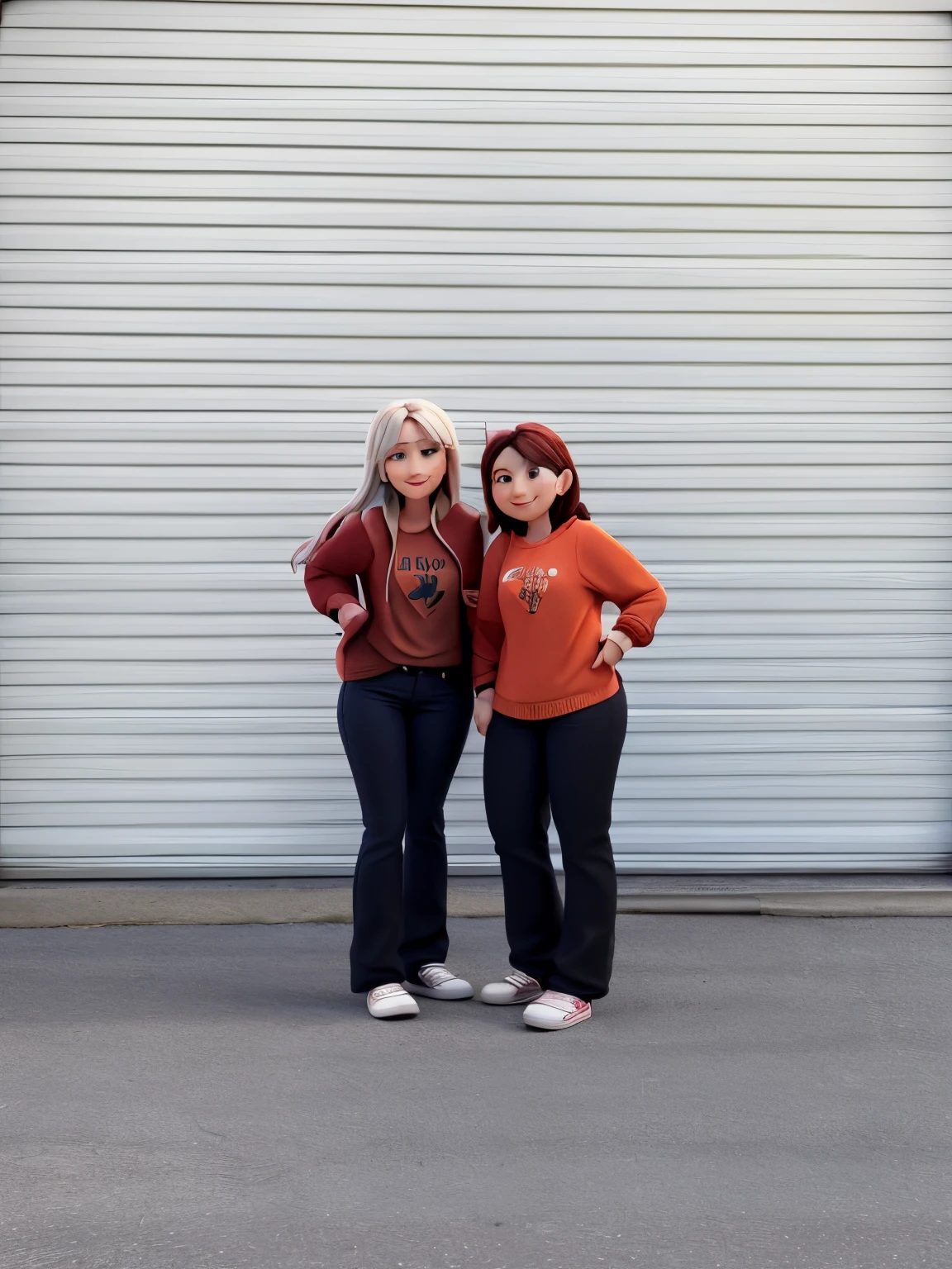 Pixar character, two woman standing in front of grey garage doors, woman on the left has her arm behind woman on the right, woman on the left is wearing a red long sleeve, black flared jeans and white vans shoes, she is making a peace sign with her right hand, sticking her tongue out to the camera, the woman on the right has her left hand on her hip, is wearing a orange long sleeve, black bellbottom jeans and white shoes, is sticking her tongue out to the woman on left