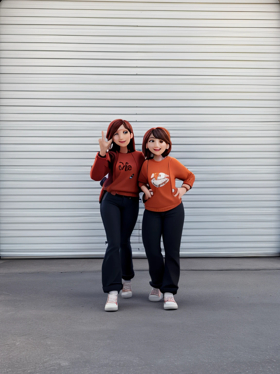 Pixar character, two woman standing in front of grey garage doors, woman on the left has her arm behind woman on the right, woman on the left is wearing a red long sleeve, black flared jeans and white vans shoes, she is making a peace sign with her right hand, sticking her tongue out to the camera, the woman on the right has her left hand on her hip, is wearing a orange long sleeve, black bellbottom jeans and white shoes, is sticking her tongue out to the woman on left