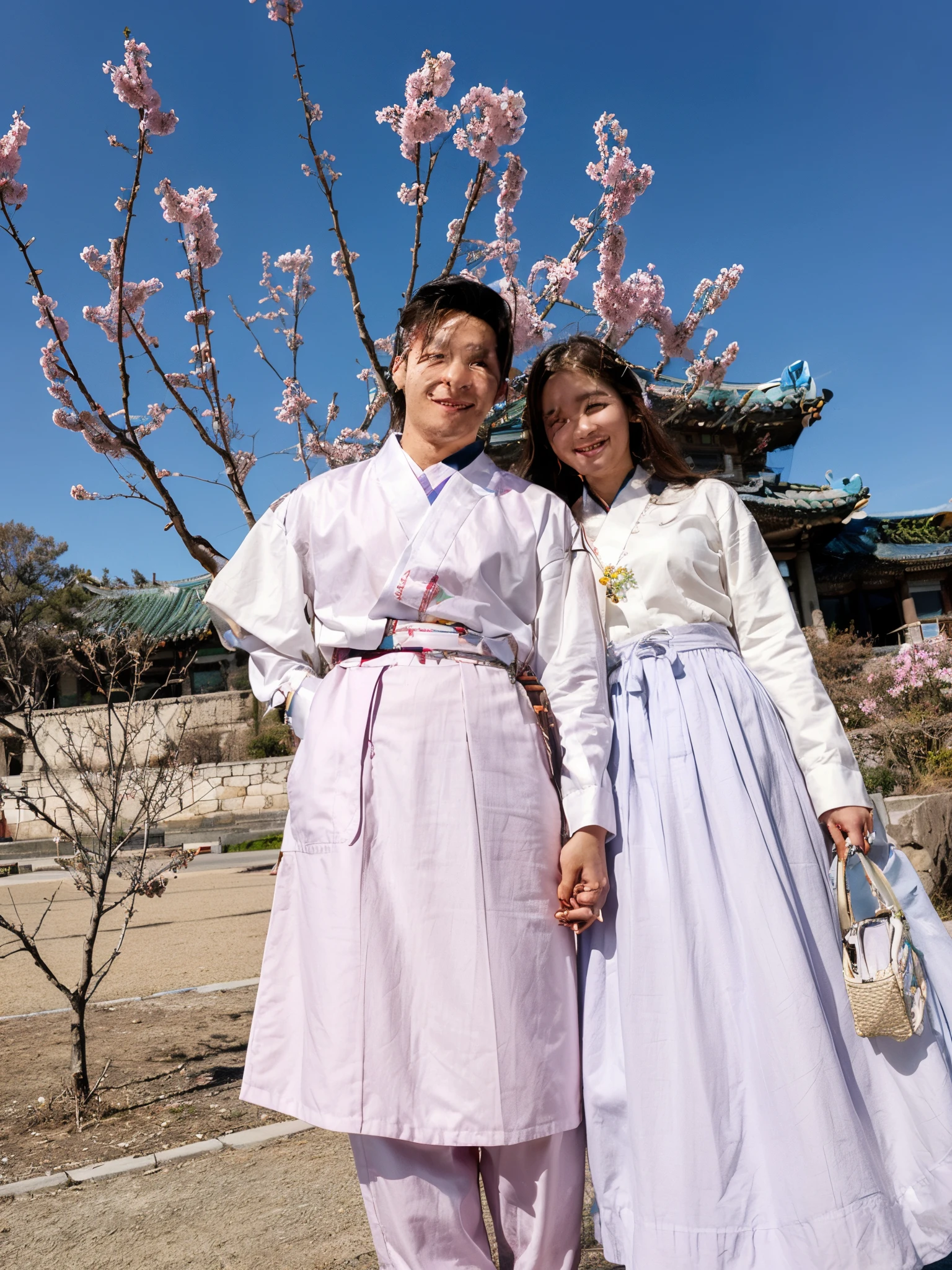 A young lady and a young man, 3d Pixar Disney cartoon, the couple is holding hands spending to each other wearing the Korean traditional clothes “hanbok”, the lady he’s wearing a light, Leela colored long skirt, and a white colored upper that is tighted in the middle, the lady had dark blond hair and she had a white accessories on the left side of the hair, the lady is holding a small elegant white and Lila bag, the young man is wearing lila pants and the shirt he’s wearing is light lila and white, both man and lady are smiling and look happy, on the background there are pink cherry blossoms and the Korean Gyeongbonggung palace, it’s a sunny spring day