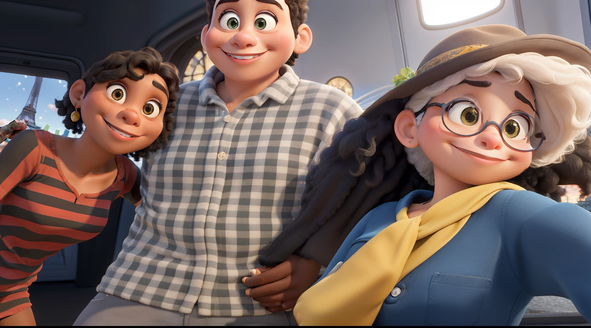 3 pessoas negras, estilo disney pixar, Paris a noite, Torre Eiffel no fundo, melhor qualidade