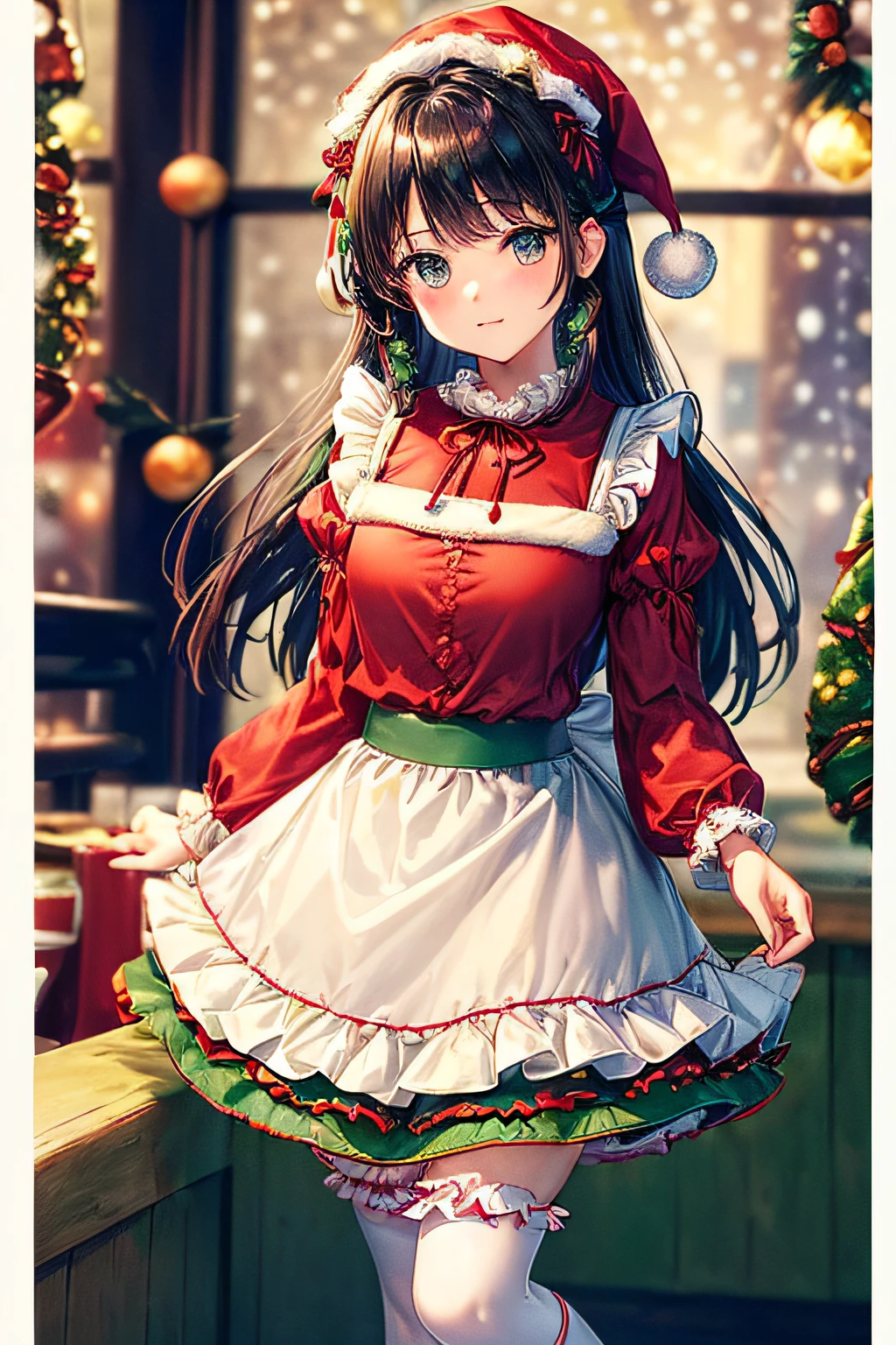 ((worst quality, low-quality)), (christmas theme:1.3), a closeup, facefocus, ((Coffee shop background:1.3)),girl with, Solo, Beautiful clear eyes, (blue eyess, kirakira), ((Mizuiro hair,)) Spoken Heart, (maid clothes, Cute, Classic fashion:1.2), (Santa hat on the head:1.4), (White Long Sleeve Ball Gown:1.4), (puff sleeves:1.3), ((Christmas Wind, Multi-layer skirt) with frills:1.4), (String to West Cincher:1.2), ((Red and Green Ribbon, frilld):1.3), (Ruffled apron), (Red and green argyle pattern knee socks:1.3), (Loafers with ribbon:1.2), (perfect hand:1.3), masutepiece,Best Quality,ultra-detailliert, ​masterpiece,