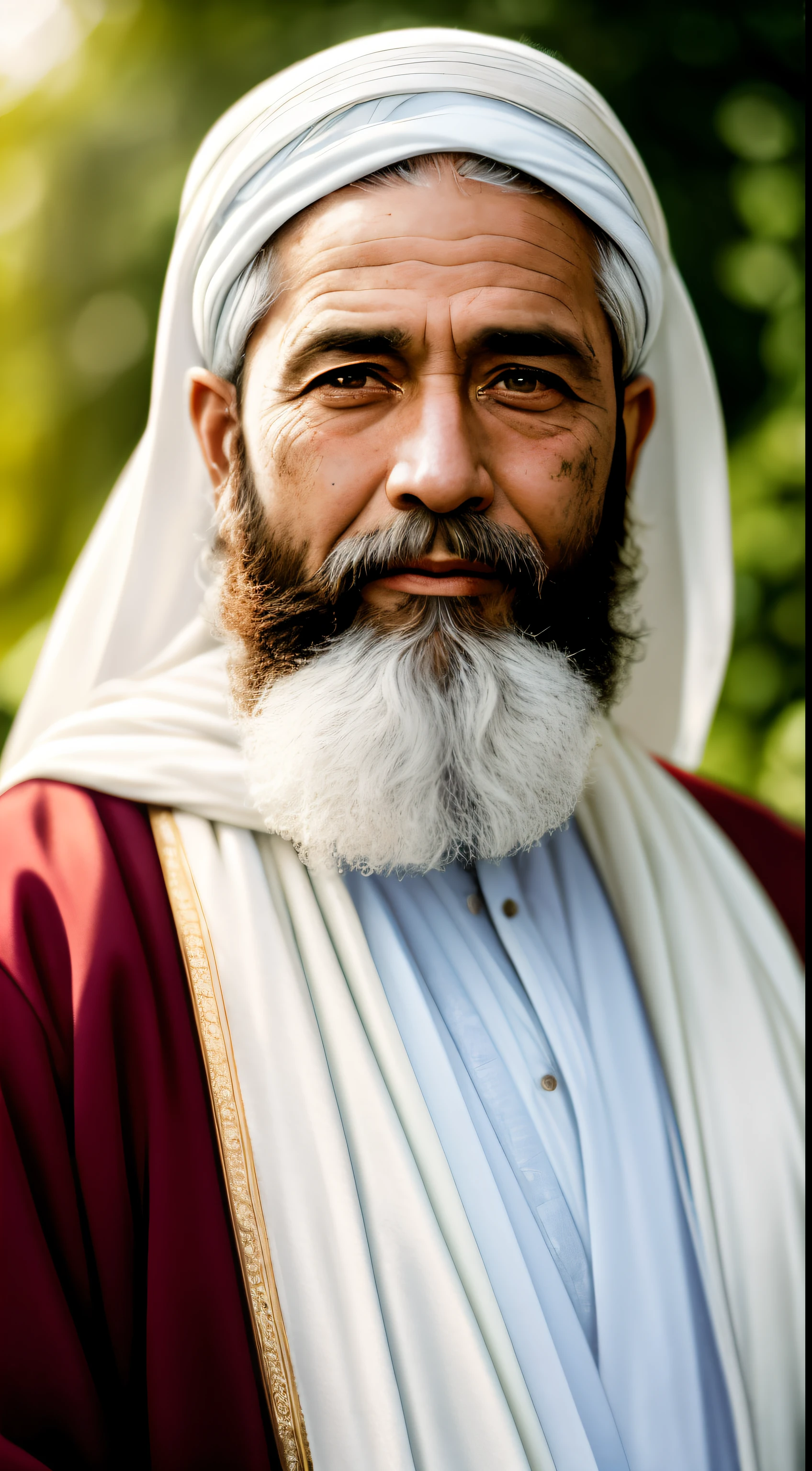 A portrait of a wizard, bearded, wrinkled, weathered, with piercing eyes, detailed face, high details, photography, natural light, Nikon D850, 50mm, f/1.4, projecting an aura of dignified, adorned with wisdom and experience. Dressed in pure white, followers from the time of Prophet Muhammad (PBUH),